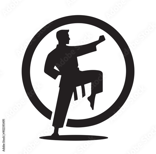 Silhouette of Three Martial Artists in Fighting Stance and Uniform
