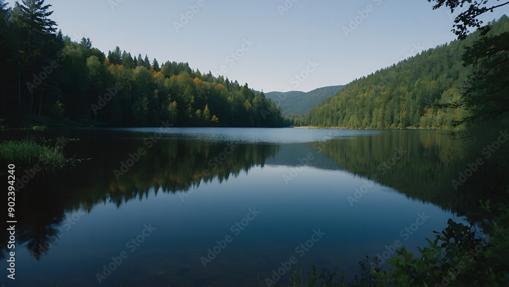 A picturesque lake scene with reflections of a peaceful fall morning A picturesque lake scene with reflections of a peaceful fall morning