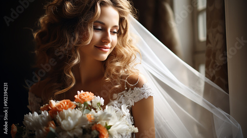 Portrait of the beautiful bride against a window indoors