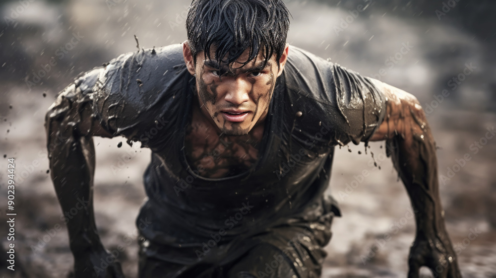 Obraz premium Closeup of strong athletic man crawling in wet muddy puddle in the rain in an extreme competitive sport