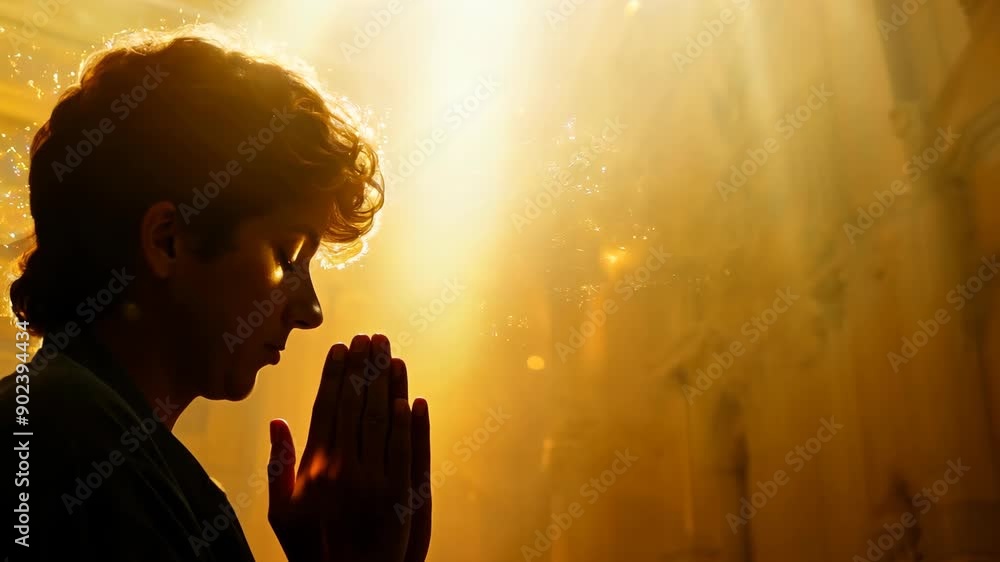 A person kneeling in a church, hands clasped in prayer, with a warm, golden light streaming in through a stained-glass window. A person kneeling in a church, hands clasped in prayer, with a warm, golden light streaming in through a stained-glass window.