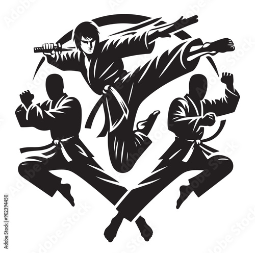 Silhouette of Three Martial Artists in Fighting Stance and Uniform
