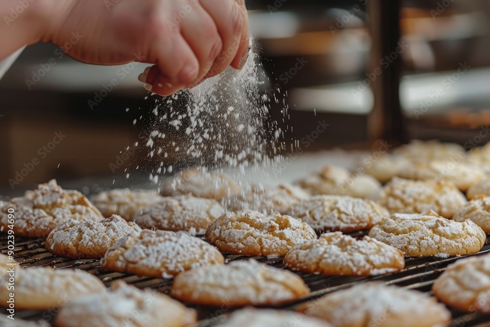 Powdered Sugar Falling on Freshly Baked Cookies Powdered Sugar Falling on Freshly Baked Cookies