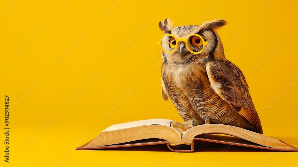 custom made wallpaper toronto digitalOwl wearing glasses and perched on an open book, symbolizing wisdom and learning.