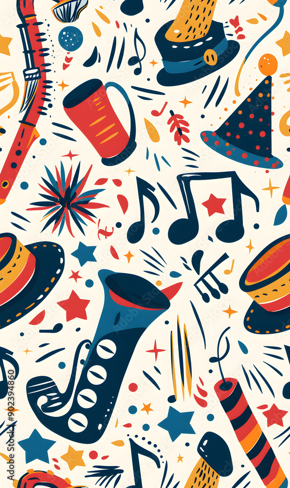 2D illustrated New Year card in a cute graphic style seamless pattern. 2D illustrated New Year card in a cute graphic style seamless pattern.
