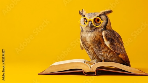 Wallpaper Mural Owl wearing glasses and perched on an open book, symbolizing wisdom and learning. Torontodigital.ca