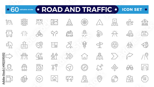 Road and traffic signs outline icons. Collection of warning, mandatory, prohibition and information traffic Street, transport, fuel, vehicle, location, car service icons. Editable stroke outline icon.