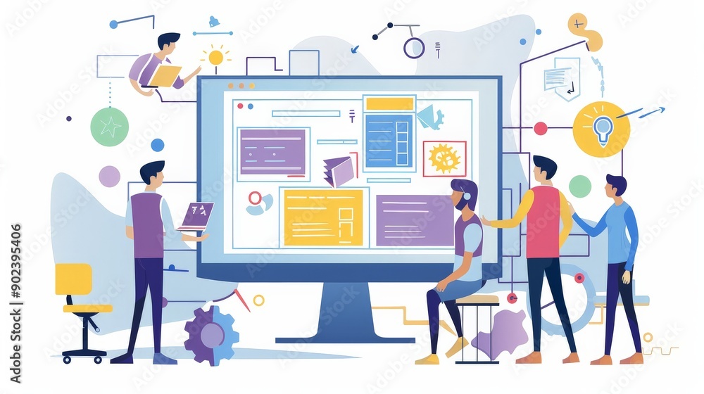 Fototapeta premium Team of developers working on a new app, coding and testing together