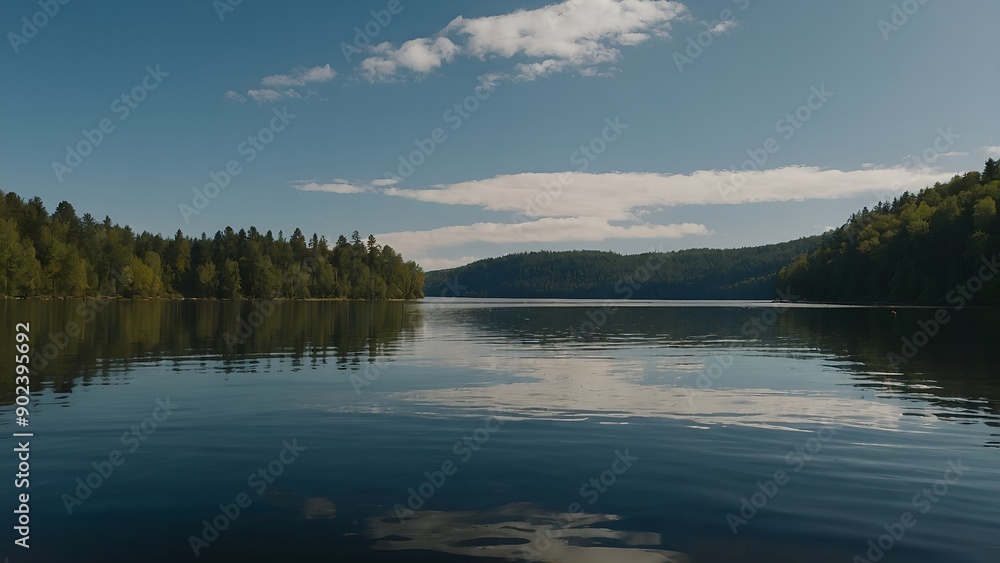 The lake’s serene waters showcasing the warm tones of a summer twilight The lake’s serene waters showcasing the warm tones of a summer twilight