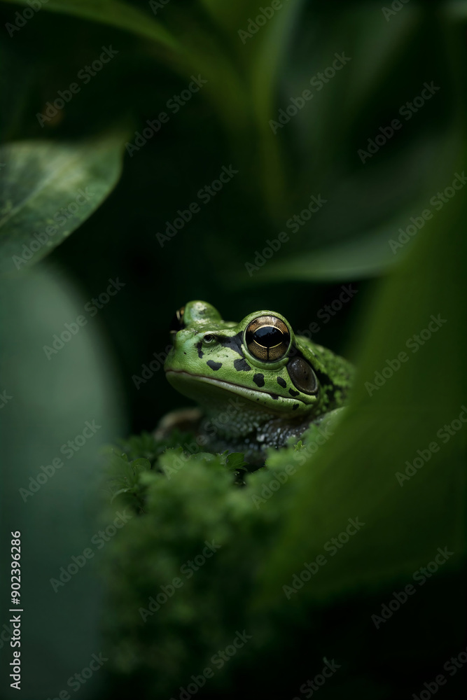 Fototapeta premium Green tree frog on a leaf in the rainfores 