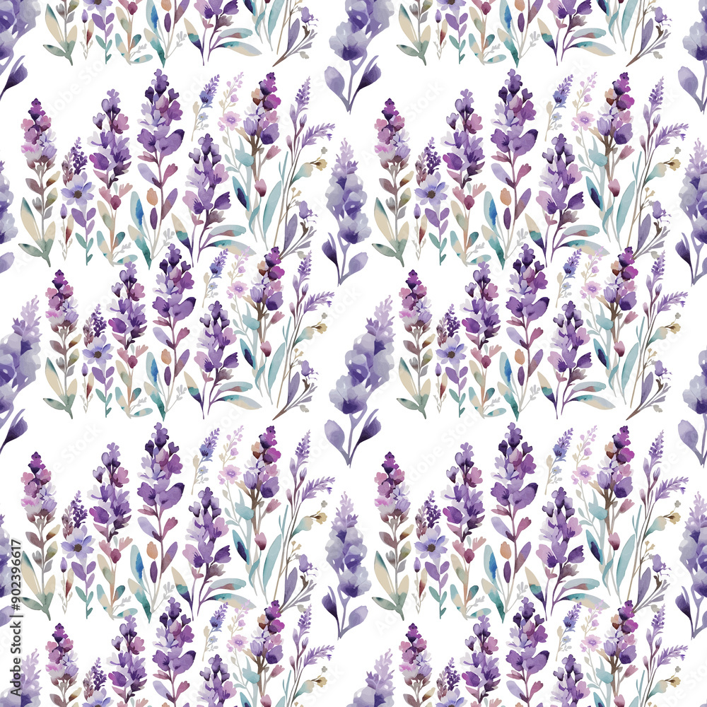 Naklejka premium Seamless pattern with watercolor lavender flowers
