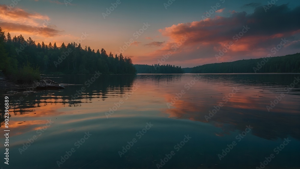 The lake’s serene waters showcasing the warm colors of a winter dusk The lake’s serene waters showcasing the warm colors of a winter dusk