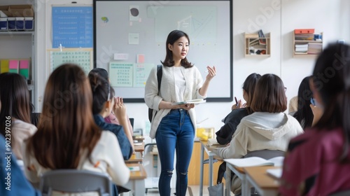 adult english class, chinese adult student, female teacher, 16:9 photo