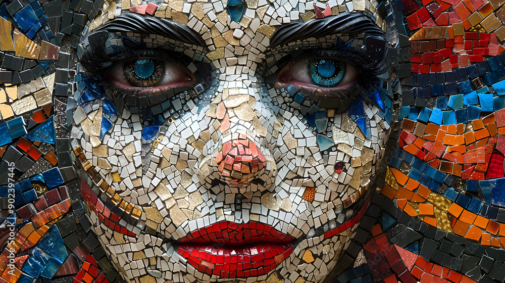A mosaic portrait of a woman with a red nose, showcasing intricate details and vibrant colors. A mosaic portrait of a woman with a red nose, showcasing intricate details and vibrant colors.