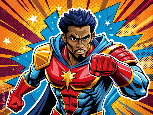Pop art comic book style super hero punching with male superhero costume poster design.