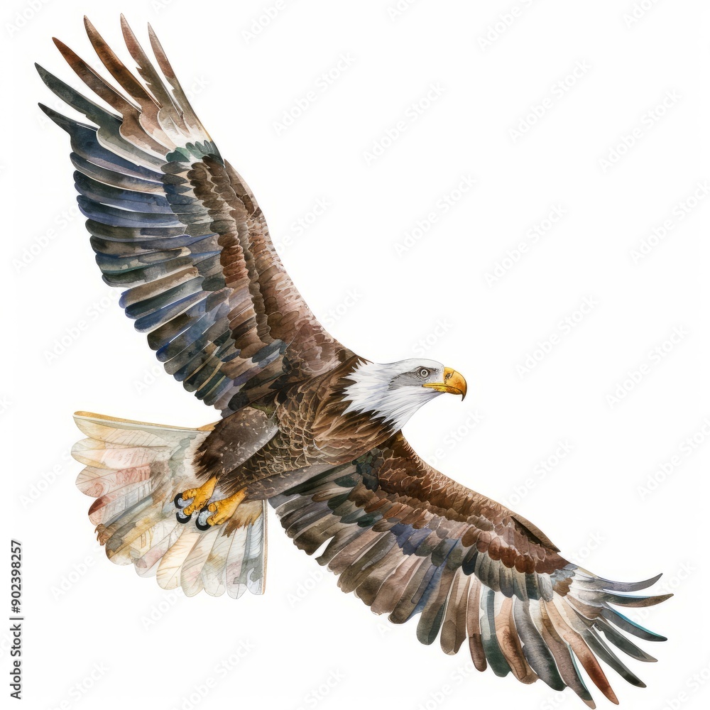 Fototapeta premium Watercolor painting of a strong eagle in flight, on isolated white background, Generative AI