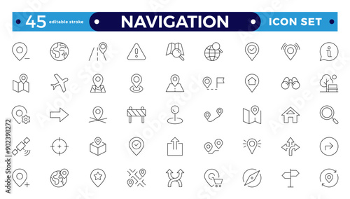 Location icon set. Containing map, map pin, gps, destination, directions, distance, pace, navigation and address icons. Navigation icons collection. Editable stroke outline icon.
