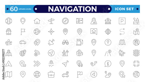 Location icon set. Containing map, map pin, gps, destination, directions, distance, pace, navigation and address icons. Navigation icons collection. Editable stroke outline icon.
