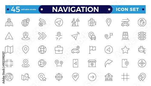 Location icon set. Containing map, map pin, gps, destination, directions, distance, pace, navigation and address icons. Navigation icons collection. Editable stroke outline icon.

