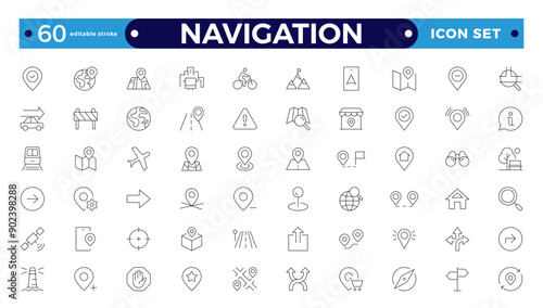 Location icon set. Containing map, map pin, gps, destination, directions, distance, pace, navigation and address icons. Navigation icons collection. Editable stroke outline icon.

