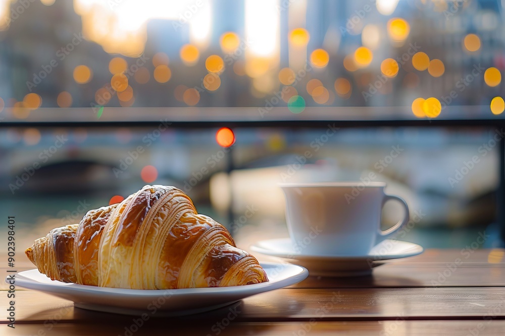 A croissant and a cup of coffee on a table with a view of a city A croissant and a cup of coffee on a table with a view of a city