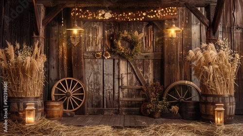 backdrop western house barn with straw and wooden wheels, vintage decor, vintage laterns, pampas grass