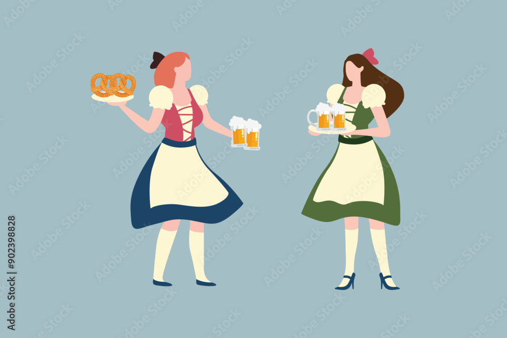Oktoberfest girls in national German traditional clothes with glass of beer Oktoberfest girls in national German traditional clothes with glass of beer