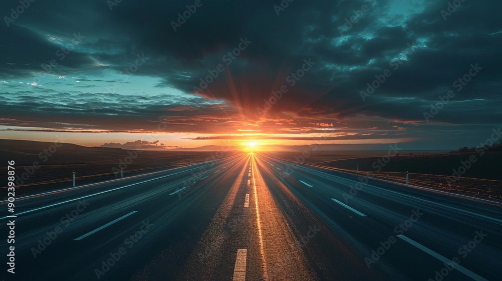 Dramatic sunset over an empty highway stretching into the horizon, creating a sense of endless journey under a colorful sky. Dramatic sunset over an empty highway stretching into the horizon, creating a sense of endless journey under a colorful sky.