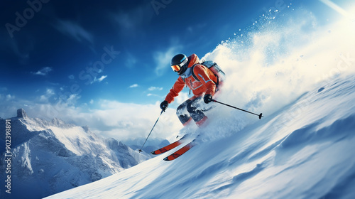 A professional skier makes a jump-drop from a high cliff against a blue sky leaving a trail of snow powder in the mountains