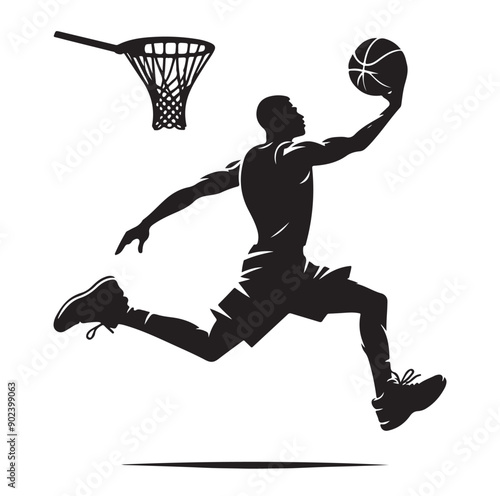 Silhouette of Basketball Player in Action Jumping with Ball
