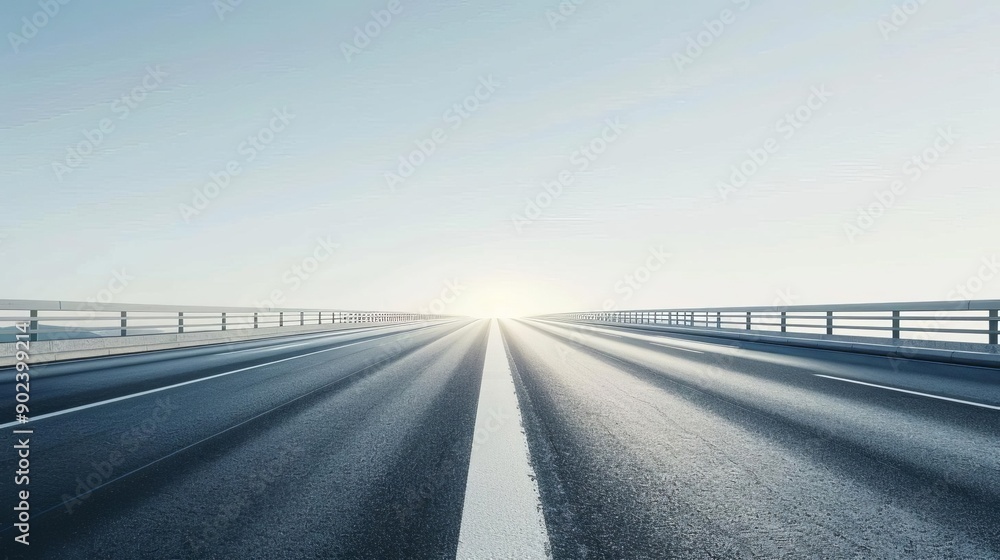 Fototapeta premium Open highway leading into the sunrise, symbolizing endless possibilities and journeys with clear skies and empty road ahead.