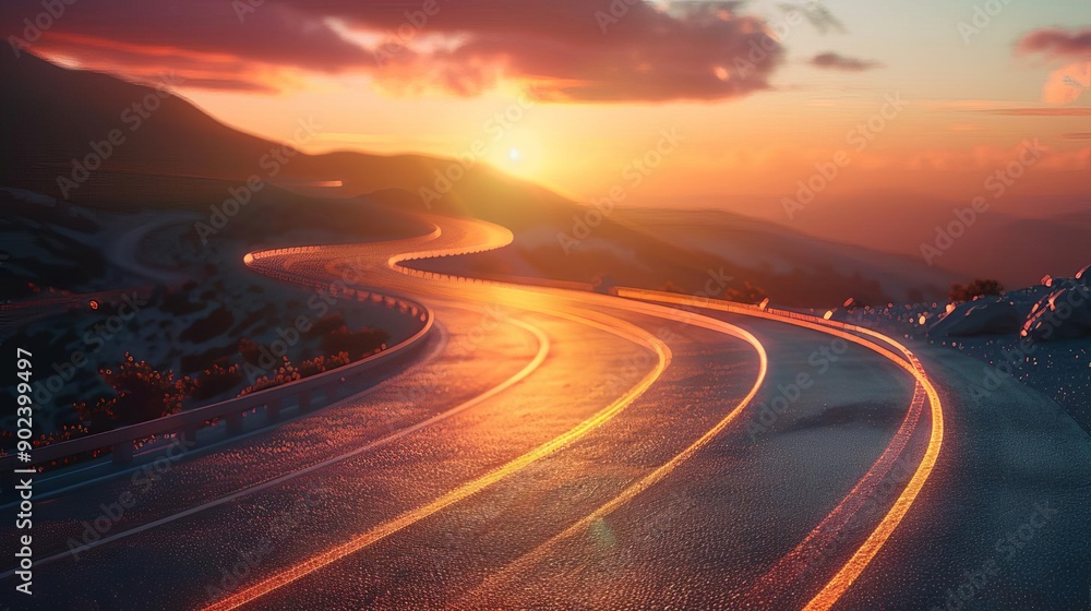 Naklejka premium Scenic highway at sunrise with empty roads winding through green countryside and stunning sky in the background.