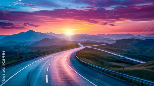 A winding road leading through hills at sunset with vibrant colors illuminating the sky and mountains in the distance.