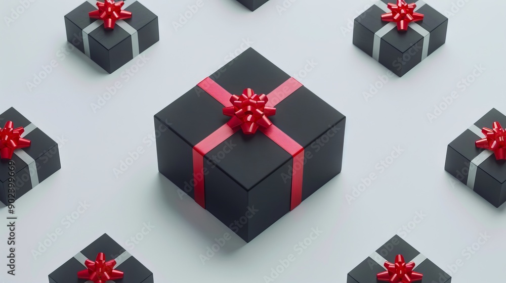 A group of black gift boxes with red bows on them A group of black gift boxes with red bows on them