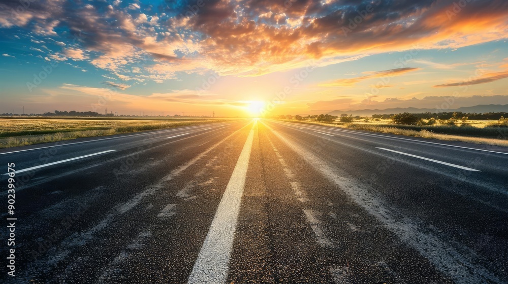 Empty highway leading towards a vibrant sunset with colorful sky and clouds, symbolizing travel, freedom, and new beginnings. Empty highway leading towards a vibrant sunset with colorful sky and clouds, symbolizing travel, freedom, and new beginnings.