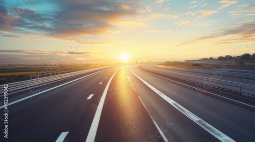 Empty highway at sunrise, with a beautiful horizon and colorful sky, symbolizing journey, adventure, and freedom.