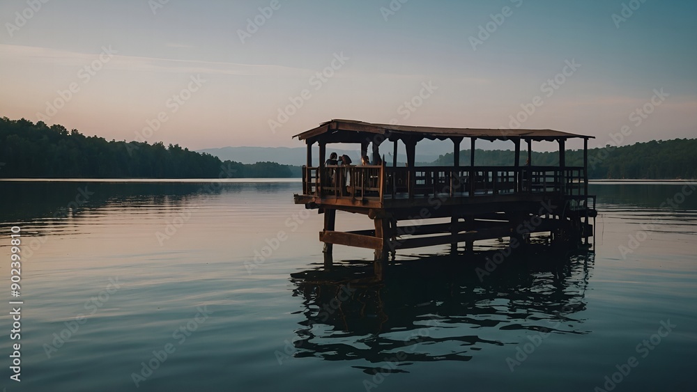 Fototapeta premium The serene essence of the lake captured in the vibrant colors of a winter sunset