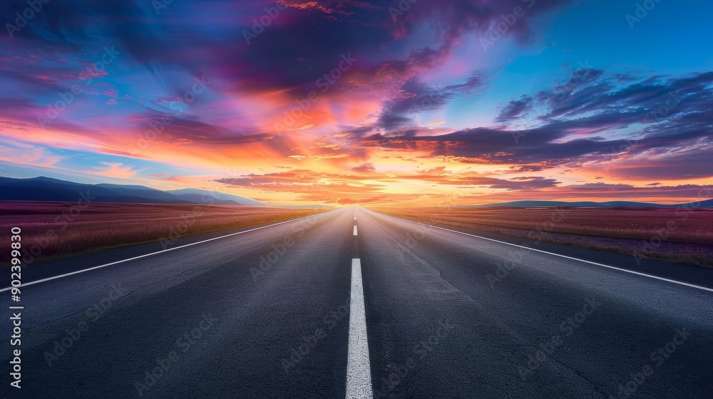Empty highway stretches towards a stunning, vibrant sunset, creating a sense of peace and endless possibilities under colorful skies. Empty highway stretches towards a stunning, vibrant sunset, creating a sense of peace and endless possibilities under colorful skies.