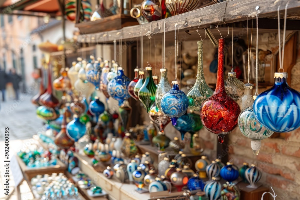 Naklejka premium Colorful Christmas Ornaments Hanging in a Market Stall