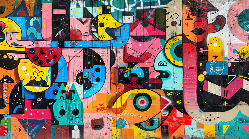 Naklejka premium Urban Graffiti Wall Mosaic of Colors and Symbols AI Generative