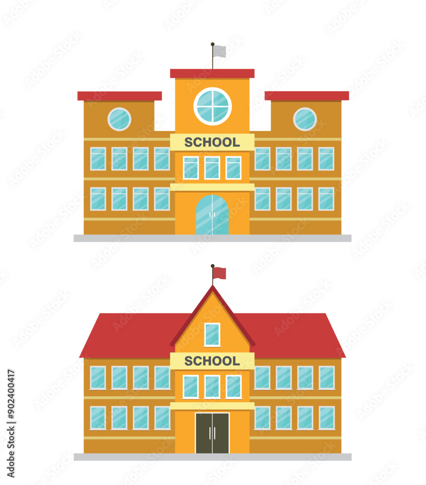 Fototapeta premium Set of colored school buildings icons. Vector illustration in flat style. 
