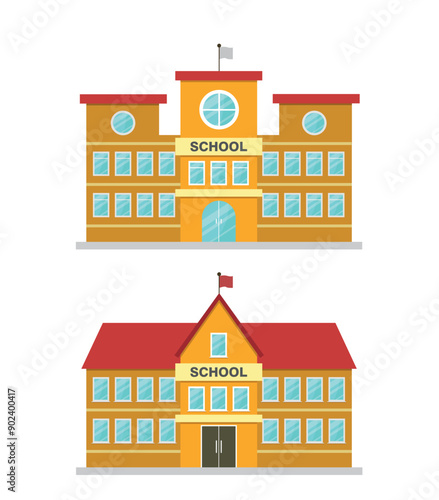 Set of colored school buildings icons. Vector illustration in flat style. 