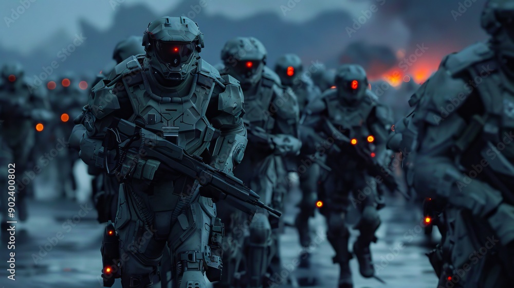 A group of soldiers walking down a street with red lights on A group of soldiers walking down a street with red lights on