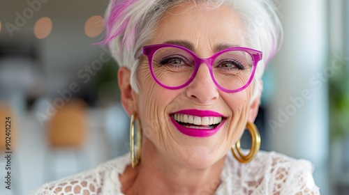 A woman with pink hair and purple glasses is smiling. She is wearing gold earrings and has red lipstick photo