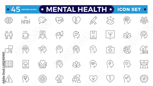Mental health icon set. Containing depression, bipolar, PTSD, panic, and mind disorder icons. Psychology outline symbol vector illustration. Editable stroke outline icon.
