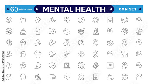 Mental health icon set. Containing depression, bipolar, PTSD, panic, and mind disorder icons. Psychology outline symbol vector illustration. Editable stroke outline icon.
