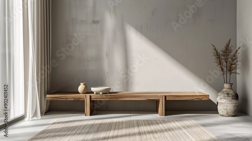 Mockup grey blank wall in a modern living room interior, complemented by a wooden bench, coffee table, and curtains, emphasizing minimalist style. © growth.ai