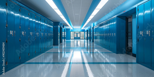  A long hallway with blue lockers and a blue floor in a school setting. © Asad