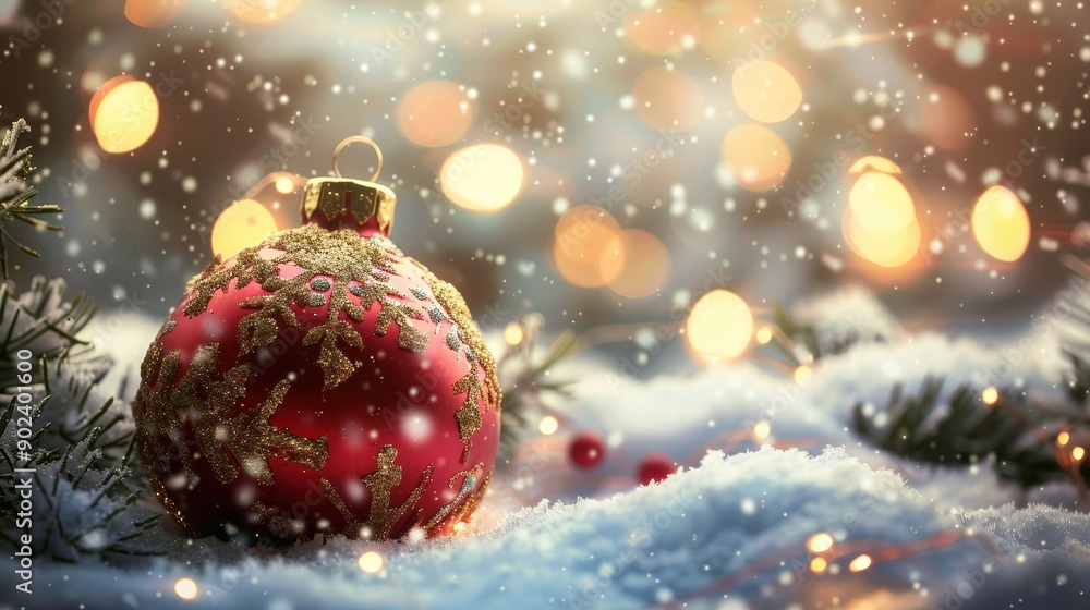 A red Christmas ornament with gold accents rests in the snow, surrounded by twinkling lights and falling snow. A red Christmas ornament with gold accents rests in the snow, surrounded by twinkling lights and falling snow.