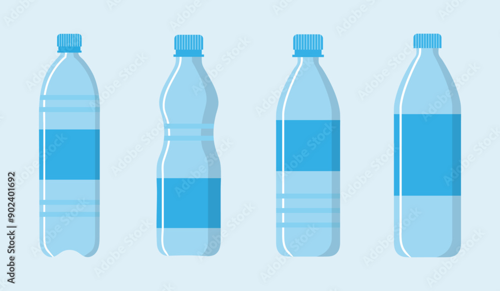 Set of bottle icons blue color isolated on white background. Plastic bottle collection. Plastic bottle icon set with different style. Vector illustration. Flat design. Set of bottle icons blue color isolated on white background. Plastic bottle collection. Plastic bottle icon set with different style. Vector illustration. Flat design.